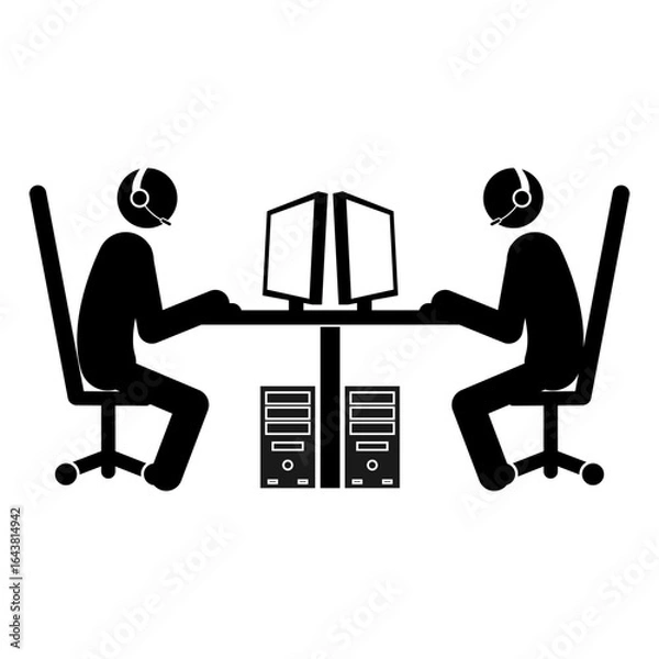 Fototapeta Set of stick figures, computer club and call center isolated on white background, flat vector illustration.