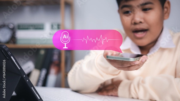 Fototapeta Speech recognition, voice command, and artificial intelligence technology. Young boy speaking to smartphone with AI voice assistant icon.