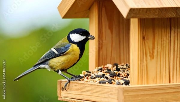 Obraz Titmouse eating from wooden bird feeder