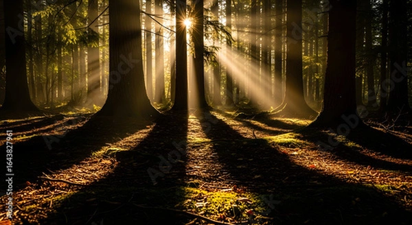 Obraz Golden light whisking through a mystical forest, illuminating ancient trees and creating breathtaking shadow play on the tranquil woodland floor, a serene natural escape.