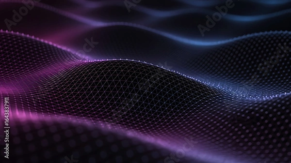 Fototapeta Abstract digital landscape with flowing waves of glowing particles in purple and blue light creating a futuristic network pattern