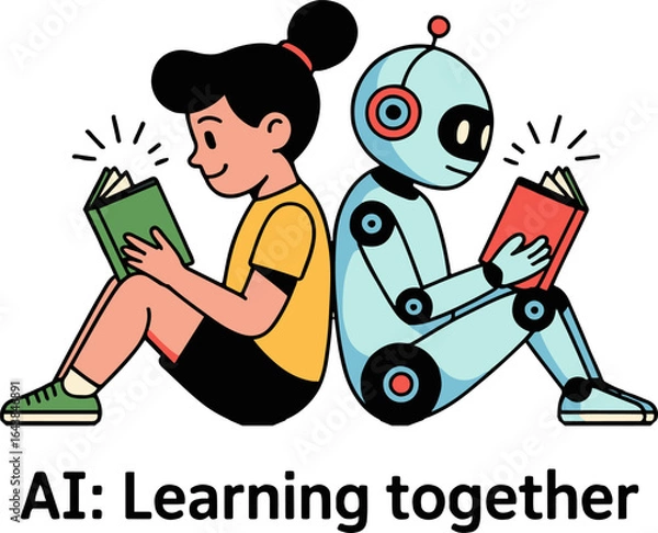 Fototapeta A girl and a robot sitting back to back reading books in a learning together illustration style art