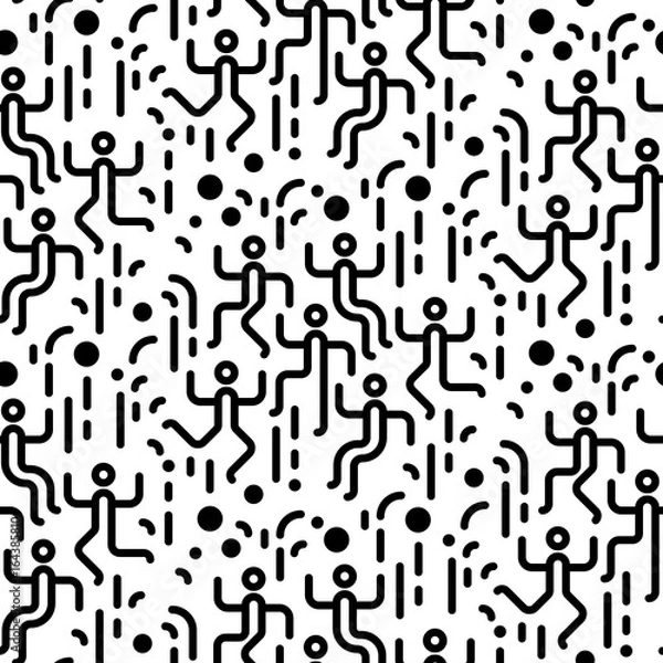 Fototapeta Geometric abstract seamless pattern. People dancing party. Simple motif background. Black and white decoration design
