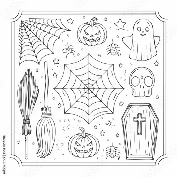 Fototapeta Spooky Halloween Elements Pumpkins Spiders Ghosts and Cobwebs in a Frame