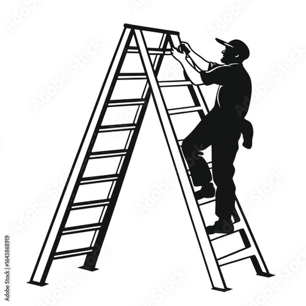 Fototapeta Silhouette of a worker climbing a stepladder. Black and white vector icon illustration of a handyman or electrician doing repair work.