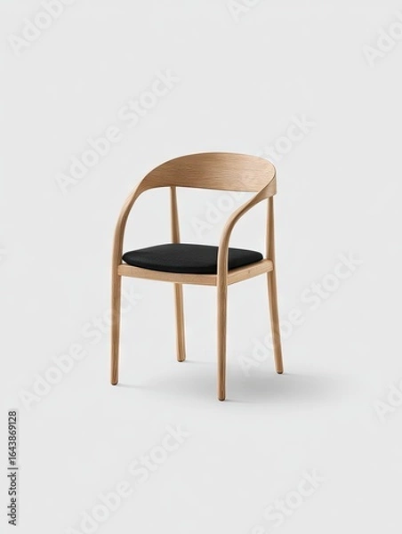 Obraz Light oak wood armchair with a curved back and a dark gray fabric cushion. Simple, minimalist design