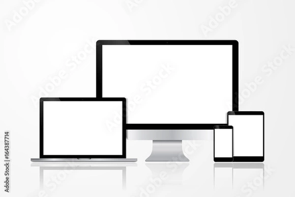 Fototapeta Realistic Computer, Laptop, Tablet and Mobile Phone with White Wallpaper Screen Isolated. Set of Device Mockup Separate Groups and Layers. Easily Editable Vector.