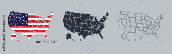 Fototapeta Set of United States maps in flag design, dark silhouette, and outlined style with state borders. Ideal for education, travel, and patriotic themes. High-quality vector for versatile use.