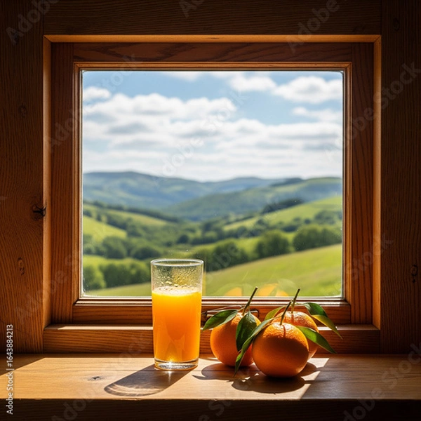 Fototapeta Fresh Orange Juice on a Windowsill with a Scenic Mountain View