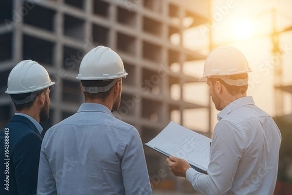 Obraz Construction Engineers Inspecting Building Project Plans at Sunset with Safety Gear and White Hard Hats