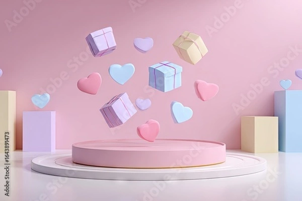 Fototapeta Pastel pink studio scene with floating gifts and hearts, atop a circular platform, surrounded by pastel geometric shapes