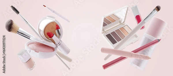 Fototapeta Makeup set Products floating isolated on pink Background