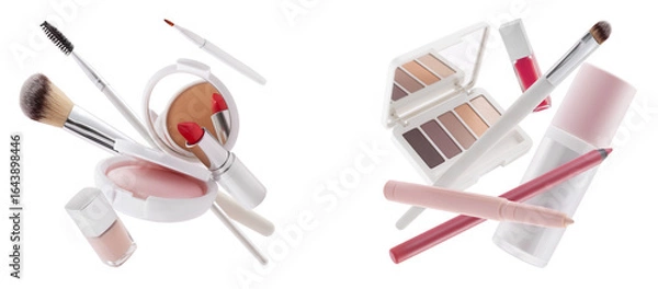 Fototapeta Makeup set Products floating isolated on White Background