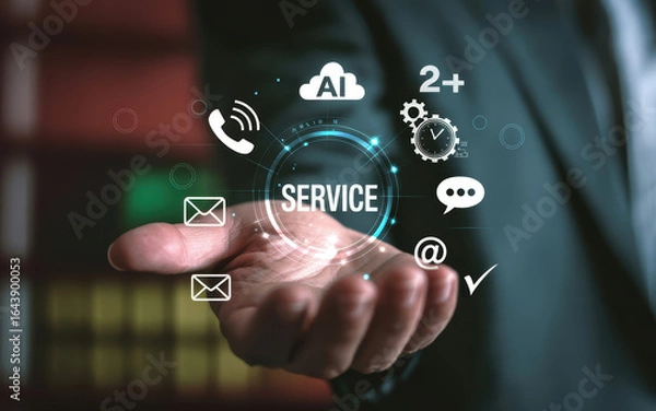 Fototapeta Innovative Customer Service Solutions in a Modern Digital Age with AI and Communication Icons