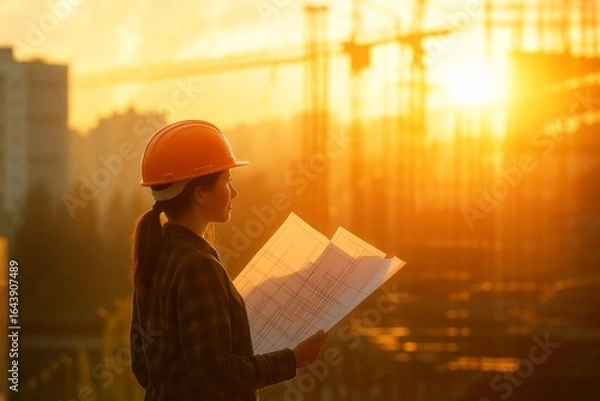 Obraz Female Engineer Reviewing Blueprints at Construction Site During Golden Hour Sunset