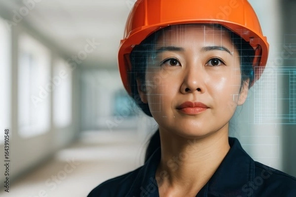 Obraz Confident Asian Woman Engineer Wearing Hard Hat Overlayed with Construction Plans and Technology in a Hallway