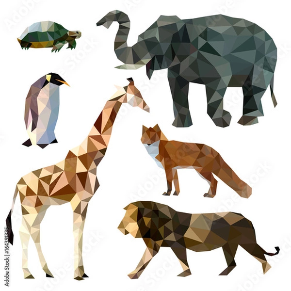 Fototapeta Wektor zestaw różnych zwierząt, wielokątne ikony, ilustracja low poly, lis, lew, słoń, żyrafa, żółw, pingwin