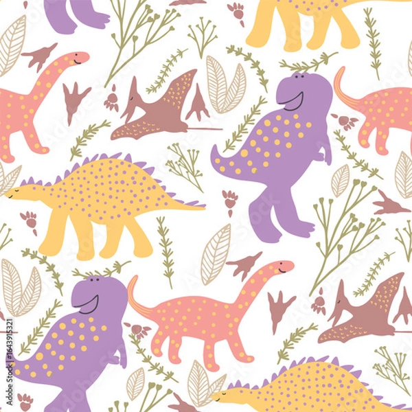 Fototapeta Cute Colorful Dinosaurs Vector Seamless Pattern