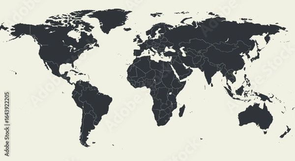 Obraz Monochrome world map with country borders in modern flat design