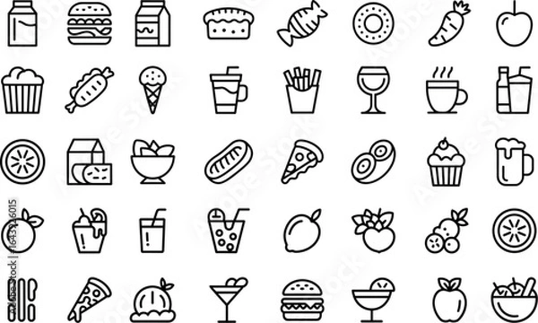 Fototapeta Food and drink line icon set, dining, hamburger, bistro, drawing, goggles, invitation, lined, planning, pyramid, ribbon entertain, feast, grape, and more victor illastretion. 