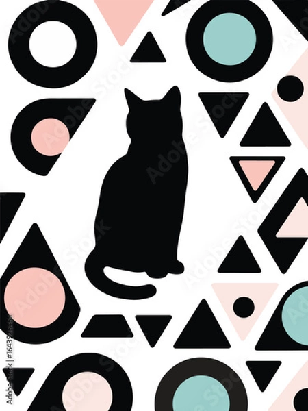 Fototapeta Black silhouette of a cat in a sitting pose on white background, minimal and clean design, simple animal illustration suitable for decoration, logo, and graphic design projects.