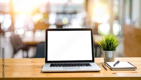 Obraz Mockup laptop with a blank white screen on a wooden desk in a modern office or co-working space background. Concept of workspace and technology.