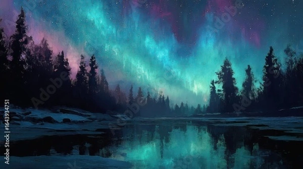Fototapeta Aurora Borealis Dancing Above Icy Forest Reflecting in Water