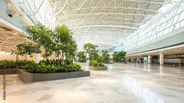 Obraz A spacious, modern airport terminal interior featuring lush greenery and architectural design.