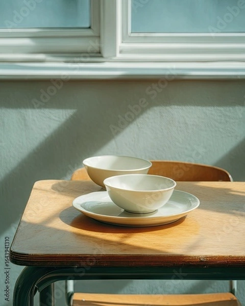 Obraz Two simple, off-white bowls rest on a plate, centered on a light wood table near a window, bathed in sunlight casting distinct shadows
