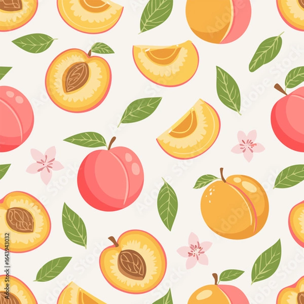 Fototapeta Seamless pattern with whole peaches, peach halves, green leaves, and pink blossoms on pastel background. Fresh summer fruit design in minimal, clean, hand-drawn retro style
