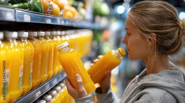 Obraz Woman in a supermarket aisle selecting a bottle of orange juice from a shelf.