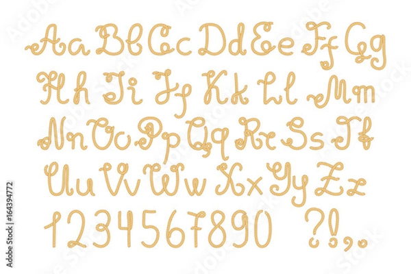 Fototapeta Yellow nautical rope alphabet, hand-drawn vector letters and numbers.