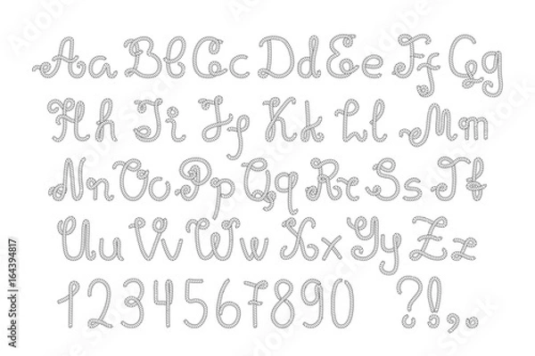 Fototapeta Black and white rope alphabet with uppercase and lowercase letters, numbers and punctuation marks.
