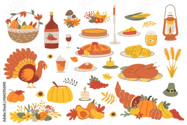 Fototapeta Thanksgiving feast elements with turkey, pumpkin, corn, pie, pumpkin latte, soup and autumn decorations. Happy Thanksgiving. Vector illustration. Set of icons for thanksgiving party and cards.