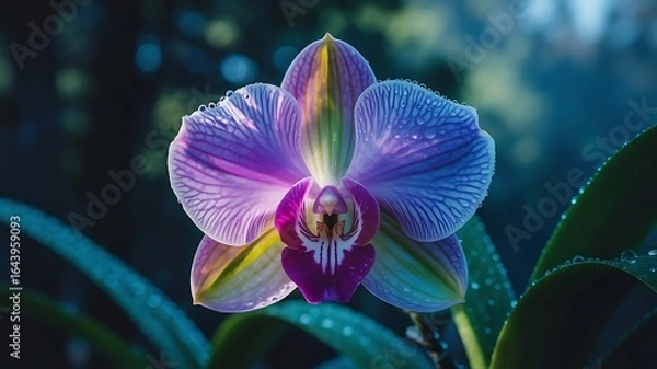 Obraz Dew drops on a vibrant purple and yellow striped orchid flower in soft light image photo