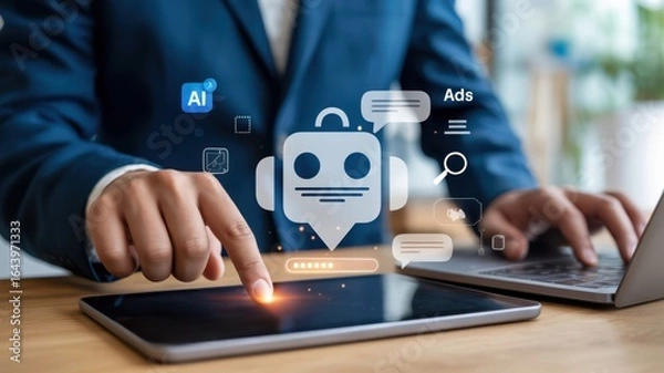Obraz AI Chatbot - A businessman using a digital pen on a tablet and a laptop, with a glowing chatbot and chat bubbles, for online customer support