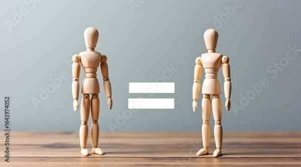 Fototapeta Equality and Human Rights - Two wooden human figures with a glowing equals sign, symbolizing equality, justice, and diversity