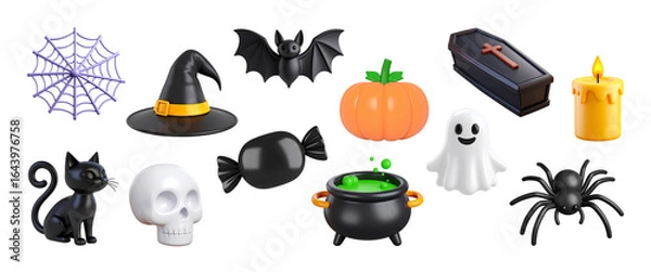Fototapeta Set of Halloween clipart elements such as bat, cobweb, spider, cat, candle, candy, pumpkin, cauldron, ghost, witch hat, skull and coffin isolated. 3d rendering. PNG with transparent background