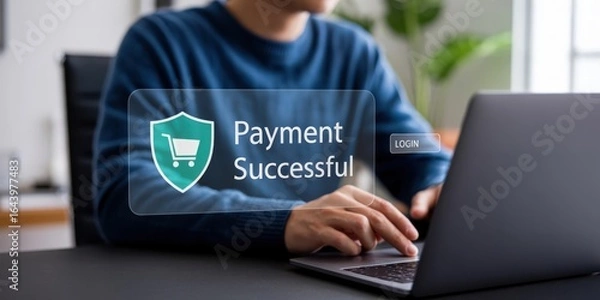 Fototapeta Secure Online Payment - A person typing on a laptop, with a glowing "Payment Successful" screen and a shopping cart with a shield, for secure e-commerce