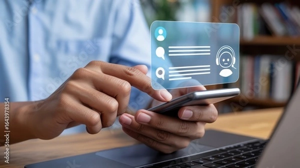 Fototapeta AI Chatbot - A man using a smartphone, with a chatbot icon and a chat bubble, symbolizing conversational AI and customer support