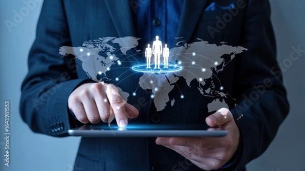 Fototapeta Global Business Network - A man's finger touching a tablet with a world map and a network of human profiles, symbolizing international team management and communication