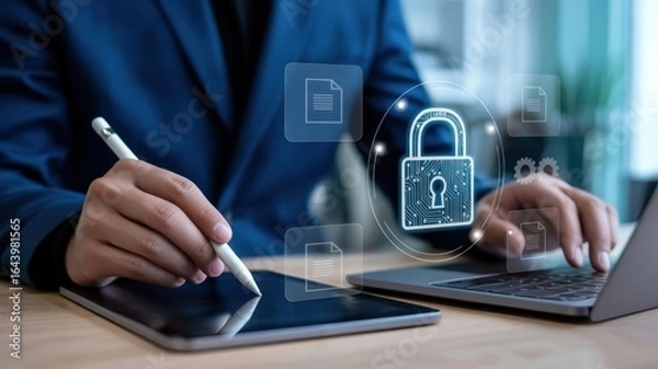 Fototapeta Digital Document Security - A businessman's hands using a digital pen on a tablet and a laptop, with a glowing padlock icon on a document, for secure files