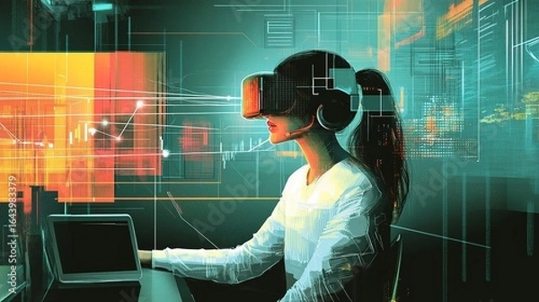 Fototapeta A virtual assistant helping a professional through their workday, vector art illustrating fluid connections between devices and tasks.