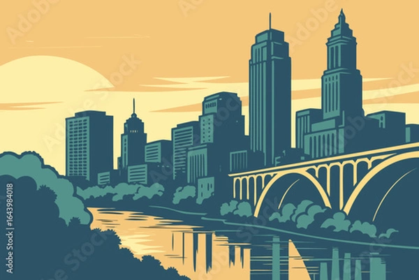 Fototapeta Downtown Minneapolis skyline at twilight with reflections on the Mississippi River and soft-lit buildings, modern flat illustration style.