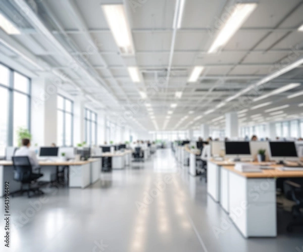 Fototapeta Out of focus, blurred background of modern office with employees working on computers. Shallow depth of field creates a modern and abstract background for business concepts, technology