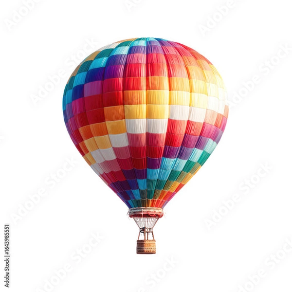 Fototapeta A vibrant hot air balloon, multicolored panels creating a checkered pattern, floats against a dark background