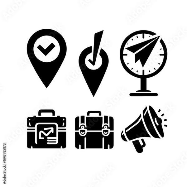Fototapeta Assortment of icons featuring location pins, briefcases, a paper plane, and a megaphone isolated on white background