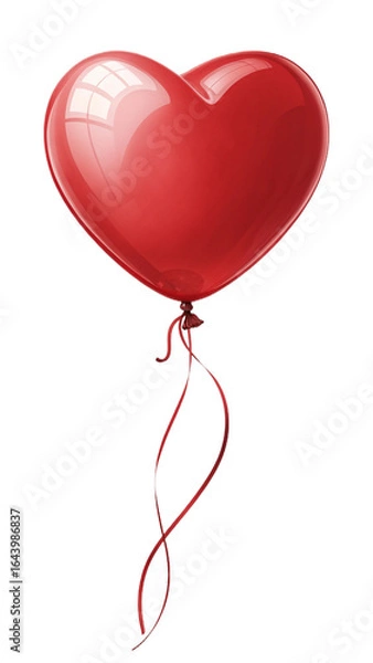 Obraz Glossy Red Heart-Shaped Balloon with Ribbon; Romantic, Festive, Valentine's Day Theme.