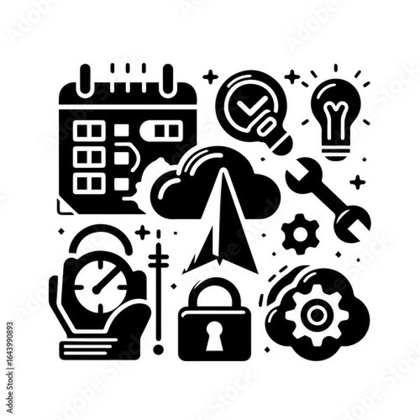 Fototapeta Calendar, cloud, lock, wrench, gear, bulb, and clock isolated on white background