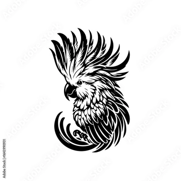 Obraz Detailed black and white illustration of a cockatoo with prominent crest isolated on white background